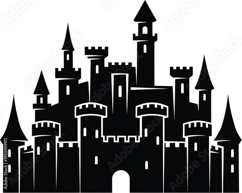 Medieval fantasy castle with towers and walls, black silhouette icon isolated on transparent background