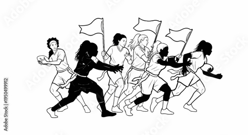 Diverse group of girls playing a flag football game with enthusiasm