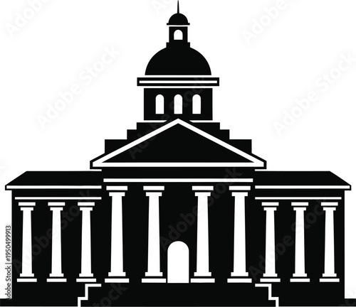 Historic capitol building with dome and columns, black silhouette icon isolated on transparent background