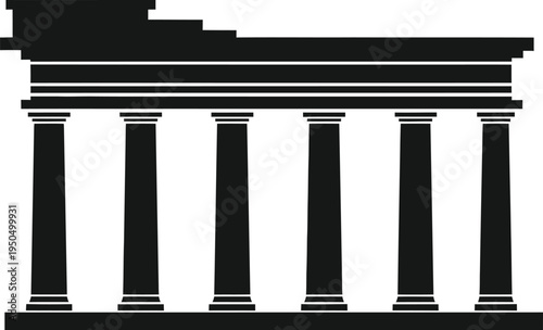 Classical greek temple ruins with columns, black silhouette icon isolated on transparent background
