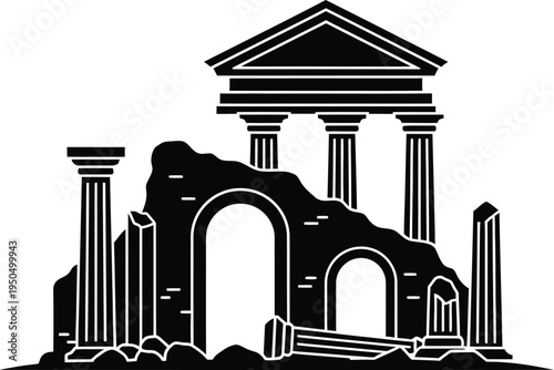 Ancient Greek ruins with columns and arches on transparent background