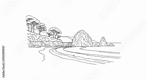 A scenic coastal landscape with trees, rocky cliffs, and waves