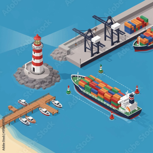 Container Ship Docked at Industrial Port with Lighthouse.