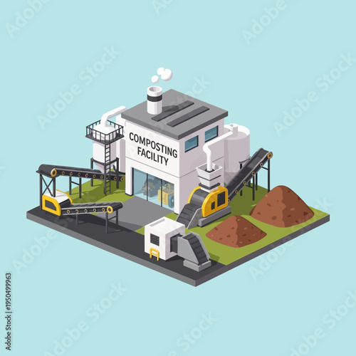 Isometric illustration of a modern composting facility with conveyor belts and piles of composted material.