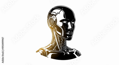 A striking black and white illustration of a robotic human head and neck