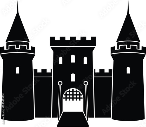 Medieval castle silhouette featuring tall towers with pointed roofs and drawbridge