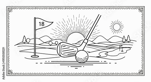 Golf course scene with flag number 18, club, ball, and sunrise, bordered