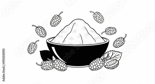 A black bowl filled with a mound of white granular substance, surrounded by mulberries and leaves