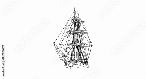 Detailed sketch of a tall ship with numerous sails and rigging