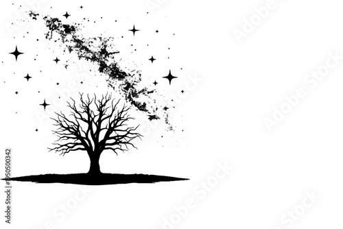 Silhouette of a bare tree under a starry night sky with a nebula