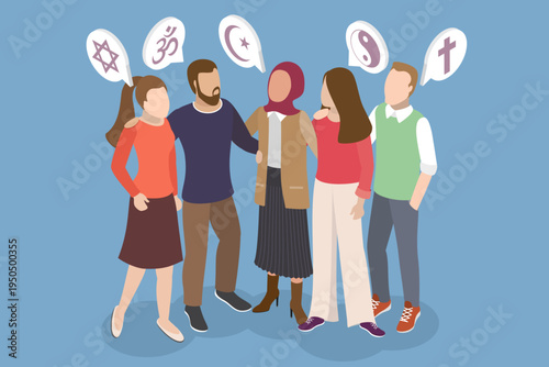 3D Isometric Flat Vector Illustration of Diverse Religious Community, Interfaith Hugs Foster Unity And Harmony, Bridging Religious Divides And Disagreements.