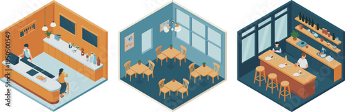 Isometric cafe interiors with bar counter, dining tables and bartender service modern coffee shop restaurant scene illustration set