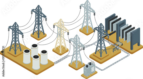 Isometric electric power grid with transmission towers, transformers and substations, high voltage energy infrastructure engineering illustration system