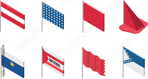 Isometric flag collection with national banners, waving flags, pole flags and marker cone vector illustration set for design