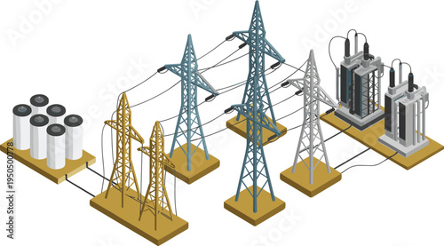 Isometric electric power transmission system with transformers, substations and high voltage towers, energy infrastructure grid technology illustration