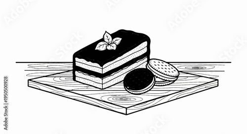 A slice of layered cake topped with mint leaves and cookies on a wooden board