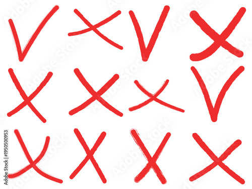 Hand drawn brush stroke cross and check mark set. Doodle cross, ban, refusal. Marker sketch. Strikethrough text and important objects. Stock vector illustration isolated on white background.