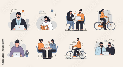 Diverse individuals engaged in work, reading, cycling, and collaborative meetings