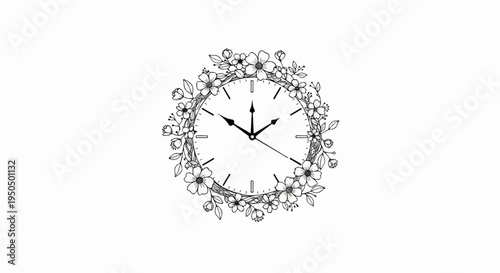 Delicate floral wreath encircles a classic clock face with simple hands