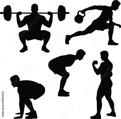 Black silhouette fitness exercises with barbell squat, kettlebell lunge, deadlift, boxing stance, strength training workout vector illustration artwork
