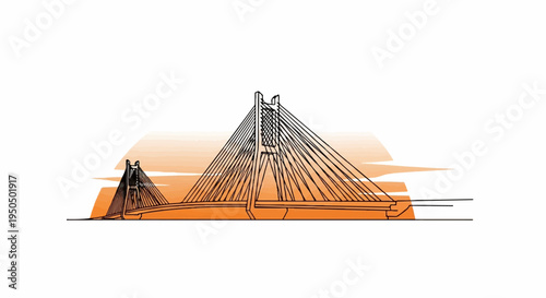 An artistic sketch of a modern cable-stayed bridge with warm orange hues