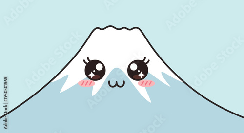 Cute Kawaii Mount Fuji Character with Big Eyes and Blushing Cheeks on Light Blue Background