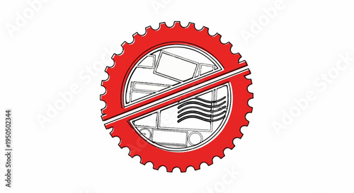 Circular graphic with red gear teeth, containing a red diagonal line across a sketch of postage stamps