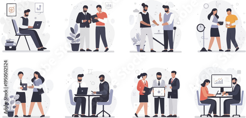 Diverse professionals collaborate and work in modern office settings