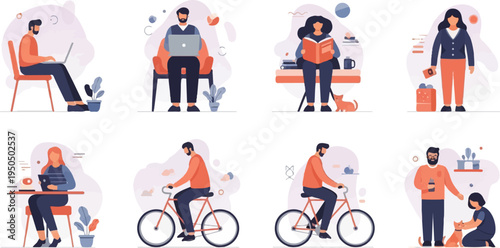 Diverse people engaged in various activities like working, reading, cycling, and pet care