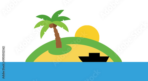 Tropical Island Paradise with Palm Tree and Boat