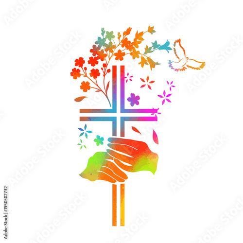 He is risen. Cross colored with flowers. Happy Easter. Hand drawn. Not AI, vector illustration