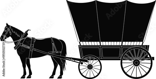 Black silhouette horse‑drawn covered wagon with spoked wheels and canvas top, historical travel migration transportation vector illustration artwork