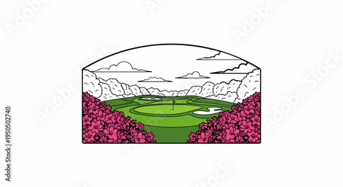 Lush golf course with pink blossoms and a flag on the green