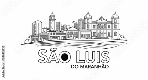 Diverse architectural styles form a cityscape above flowing lines, text below