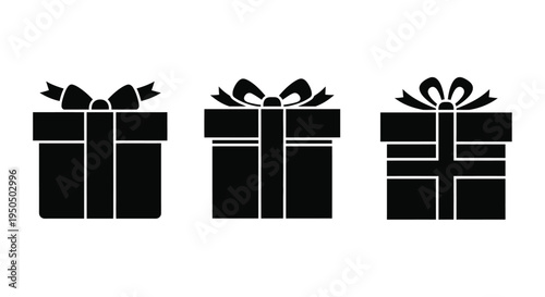 Three black gift boxes with bows varying in design and detail