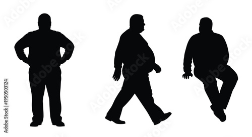 Three black silhouettes of overweight men in different poses