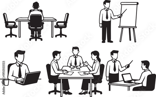 Business Meeting and Office Teamwork Illustration Showing Collaboration, Presentation and Discussion