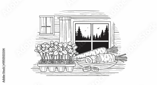 A farmhouse window view shows seedlings and carrots, with a forest outside