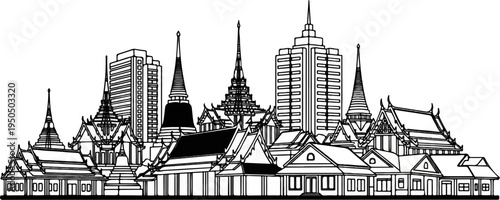 A detailed outline of a city skyline featuring ornate traditional spires and modern skyscrapers