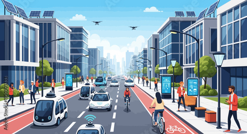 Smart City Street with Autonomous Vehicles, Drones, and Sustainable Technology