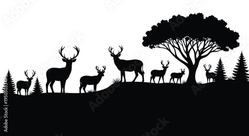 Silhouette of deer and trees against a bright white background