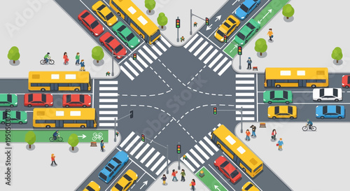 Busy City Intersection with Traffic Congestion and Pedestrians