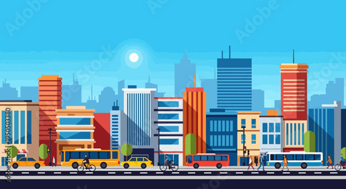 Vibrant cityscape with modern buildings, busy street, cars, buses, and pedestrians under a clear blue sky.