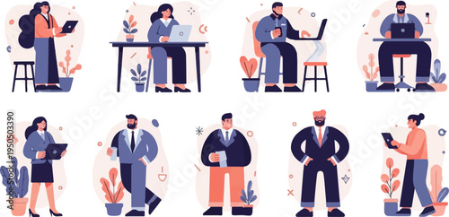 Diverse professionals working on laptops and tablets in minimalist office settings