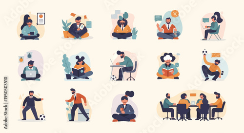 Diverse group of people engaged in various activities, work, and leisure