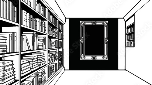 Interior of a library with tall bookshelves and a framed picture