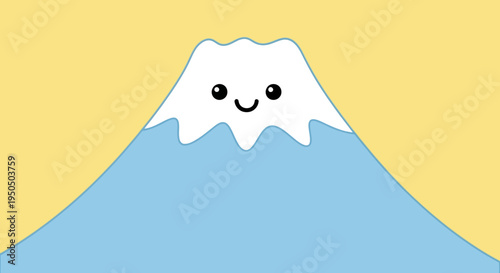 Cute Cartoon Fuji Mountain with Smiling Face, Snow Cap, Blue Base, Yellow Background
