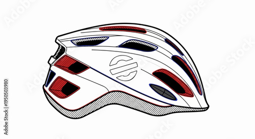 Detailed illustration of a white cycling helmet with red and blue accents