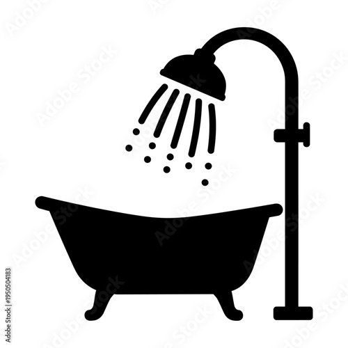 Vector of a shower head spraying water into a clawfoot bathtub