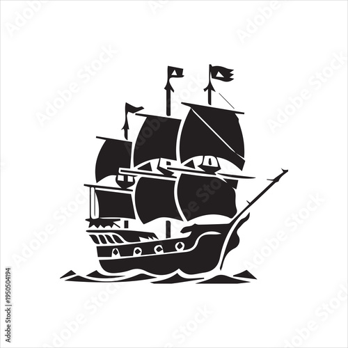  Pirate Ship Silhouette at Sea Vector Image